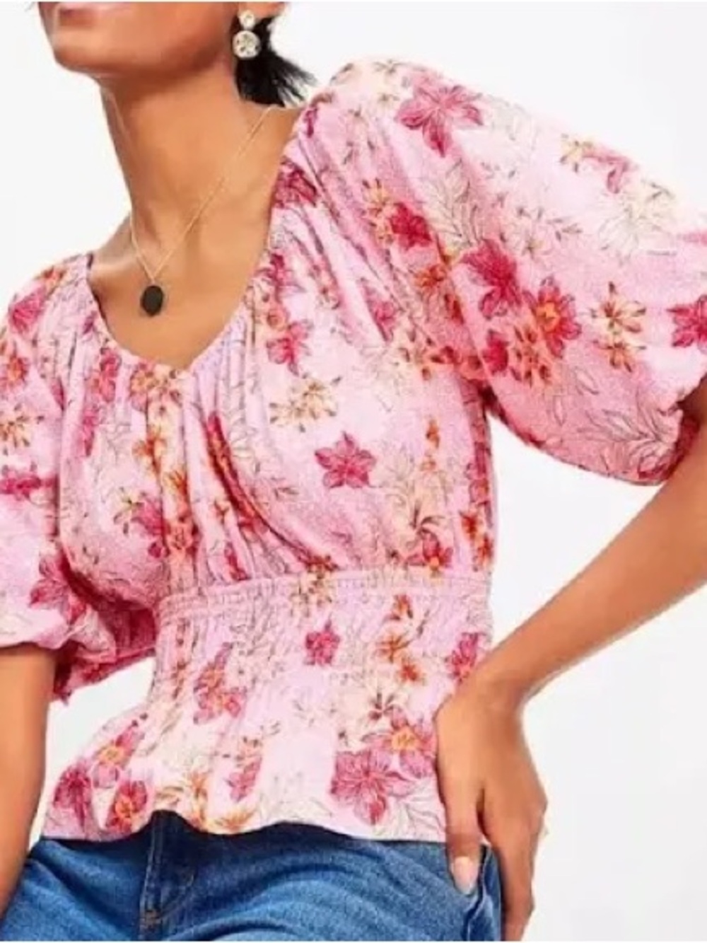 Loft Floral Pink Puff-Sleeve Smocked Waist Top